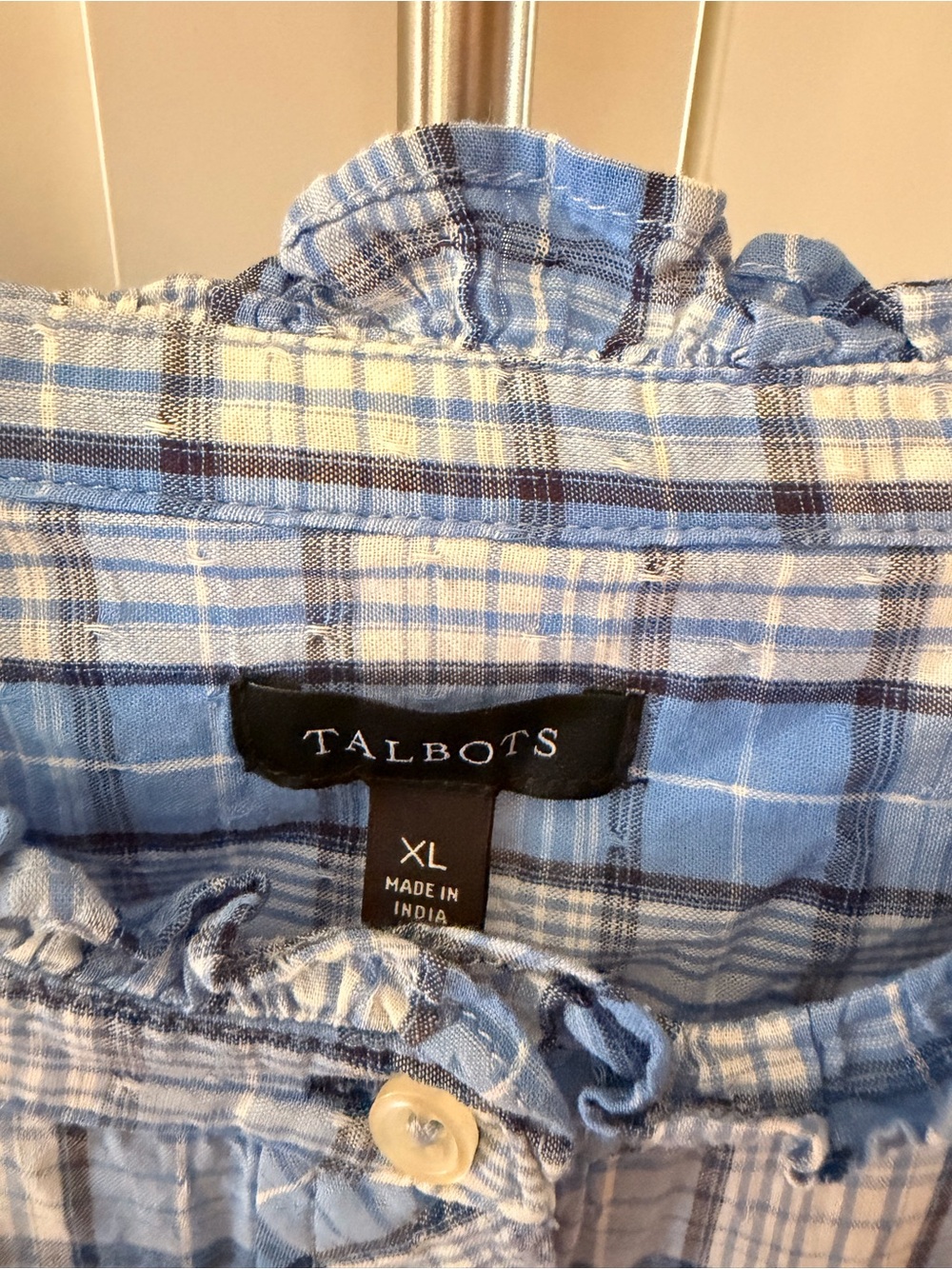 Talbots Blue Plaid Ruffle-Collar Button-Front Shirt - Picture 3 of 8